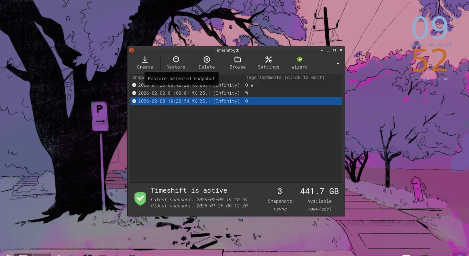 Timeshift 主界面 — 快照列表与恢复