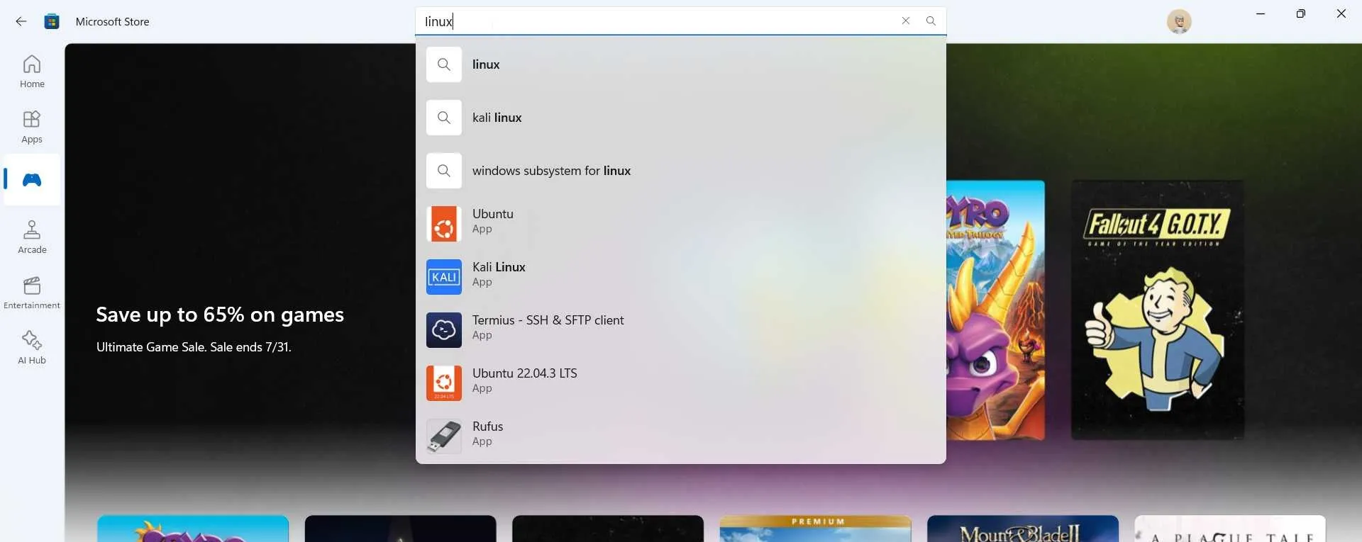 Microsoft Store 搜索 Kali Linux